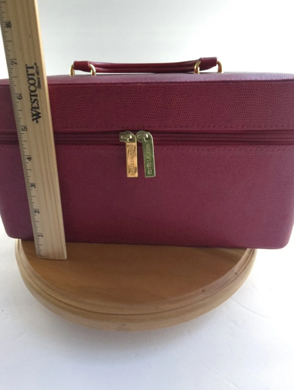 Estee Lauder Red Lizard Embossed Train Case Makeup Vanity Travel Bag Gold Tone